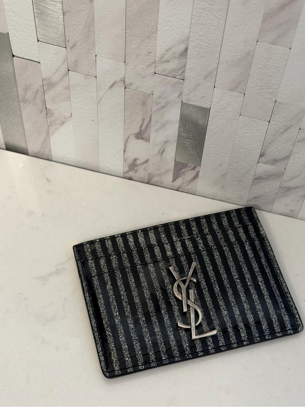 🖤🩶Saint Laurent YSL Black & Silver Metallic Striped Card Holder Wallet